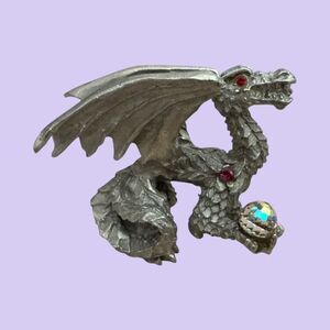 Vintage Pewter Dragon Figurine D167 Red Rhinestone Eyes Crystal Orb Fantasy